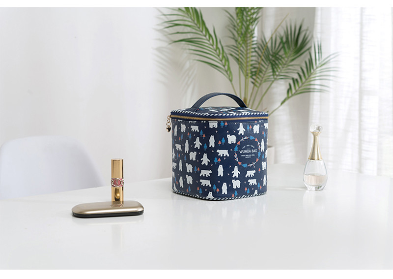 Metal Zipper PU Leather Cylinder Bucket Makeup Bag Case