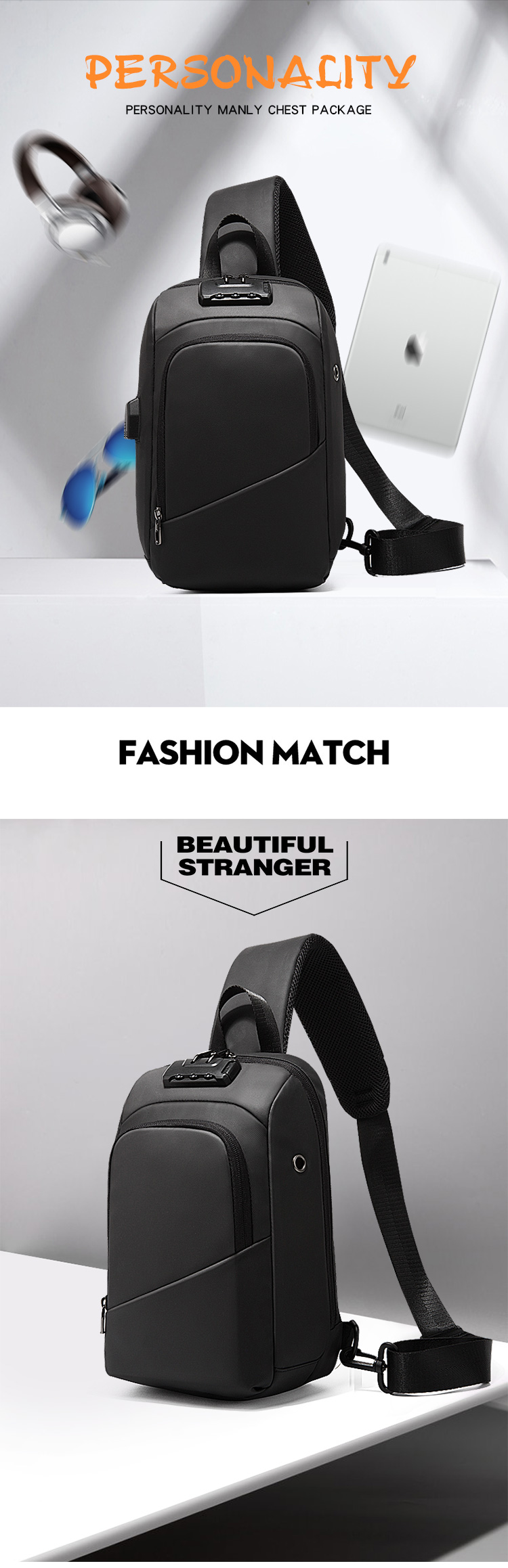 ISO9001 Anti Theft Lock Crossbody Chest Sling Bag For Men 19*12*31cm