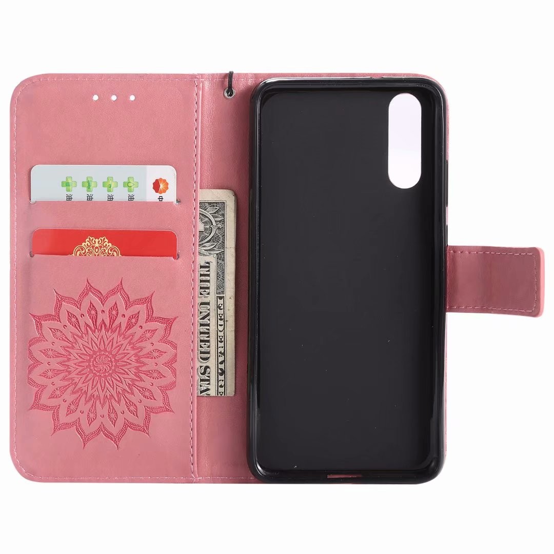 Huawei P20 Leather Protective Folio Magnetic Kickstand Cover Mobile Phone Case with Sunflower Embossed