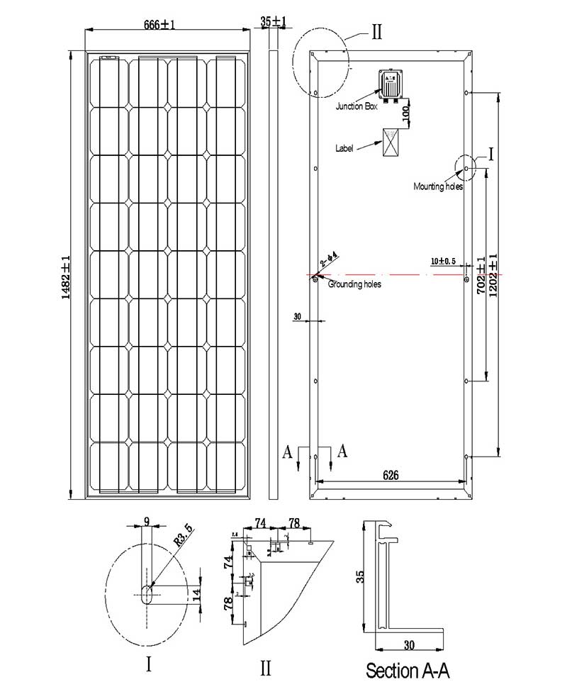 175W-18V small solar panel assembly size chart