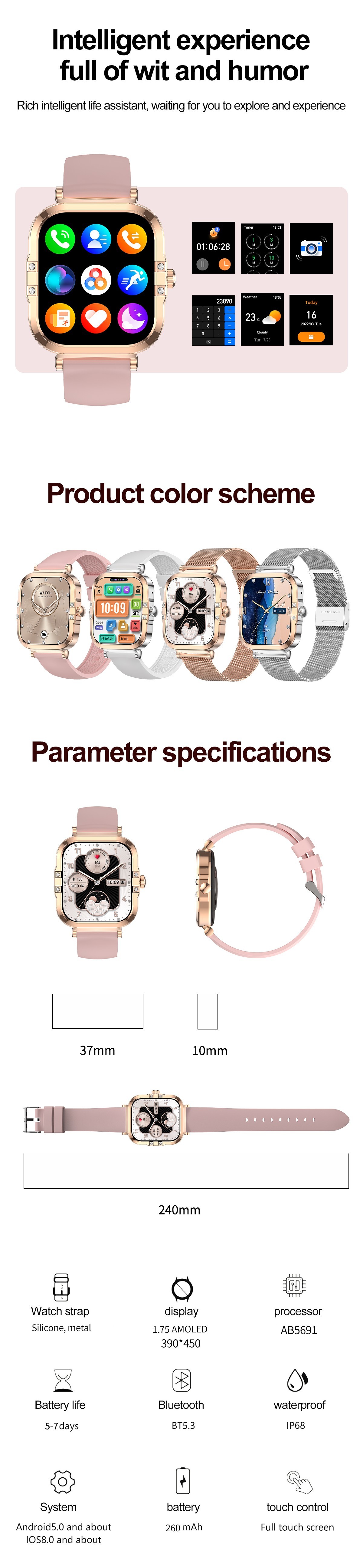 HK82 Women Smart Watch 1.75-inch AMOLED HD Screen BT Call With Menstrual Management
