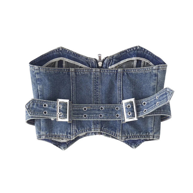 Blue Denim Women Sleeveless Tank Tops Zipper Short Wipe Bosom