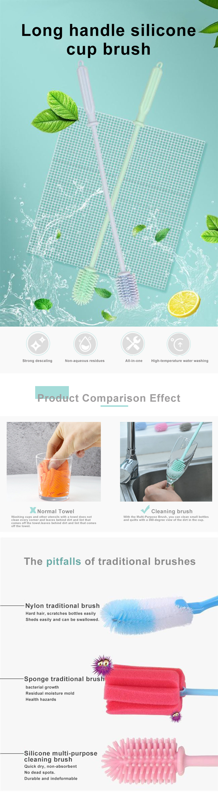 Bpa Free Multipurpose Silicone Dish Brush With Handle