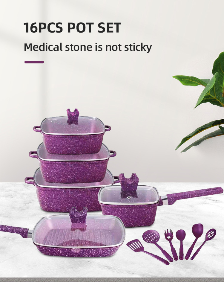 16Pcs Maifan Stone Aluminum Cookware Set With Anti Heat Handle