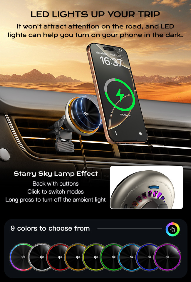 Customizable Magnetic Car Wireless Charging Bracket With Starry Sky Lighting And Fast Heat Dissipation For Automotive