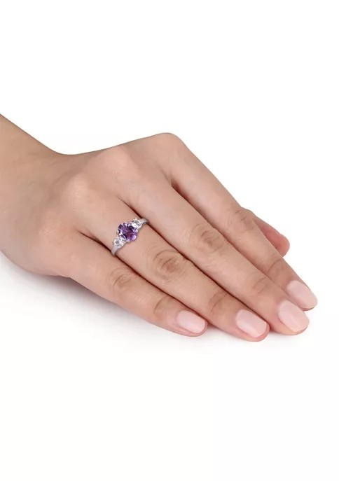Oval Cut Amethyst and Created White Sapphire 3-Stone Ring in Sterling Silver