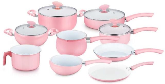 High quality FDA SGS 9 PCS Aluminum pink heat-resistant outer ceramic coating cookware set