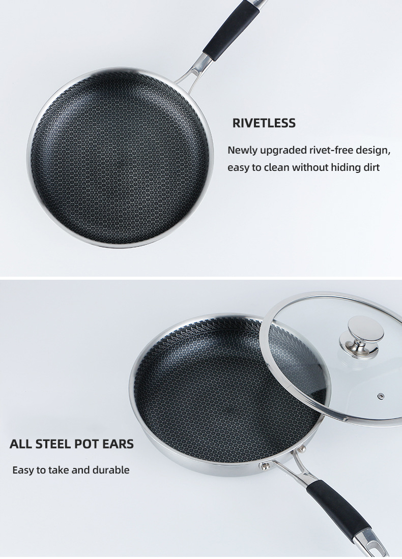Custom Logo 304 Stainless Steel Frypan Non Stick Universal Oil Free With Glass Lid