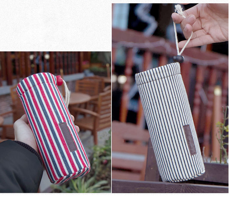 Waterproof Cotton Drawstring Stripe Water Glass Bottle Cover Carry Bag