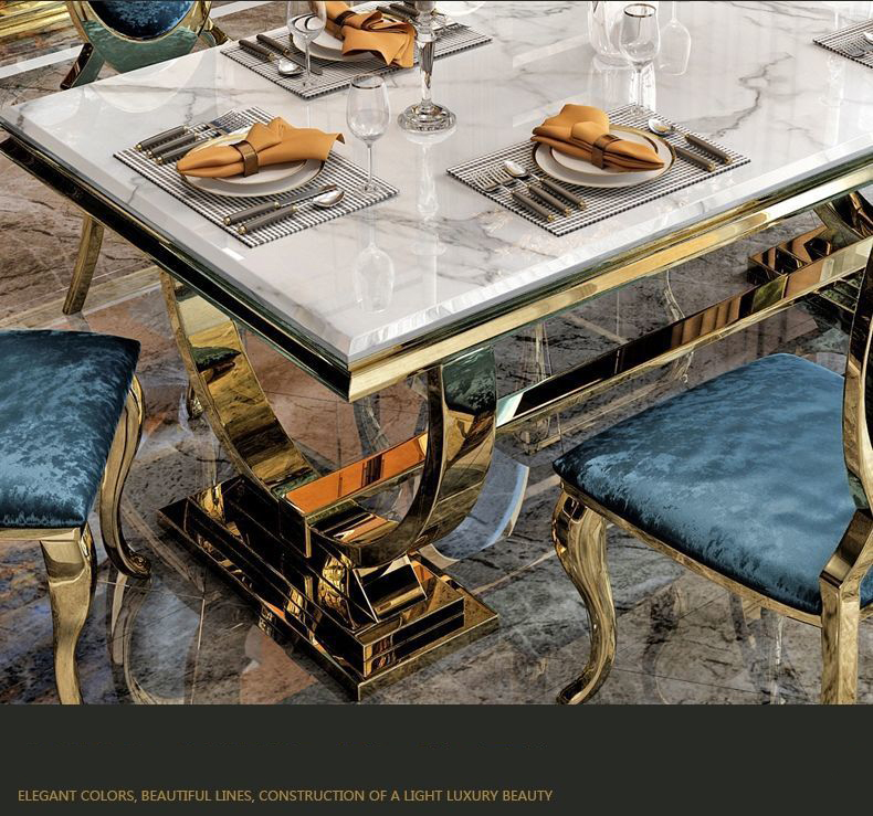 Rose Gold Luxury Dining Table And Chairs 6 Seats Stainless Steel Chair Marble
