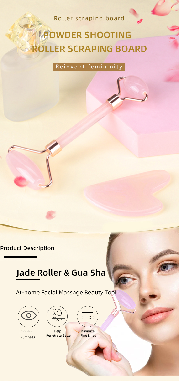 56g Rose Quartz Facial Roller , Jade Massage Roller For Face Massage