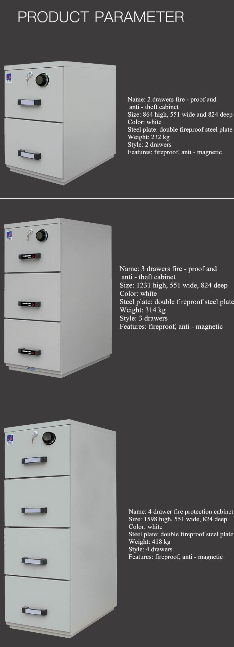 Fireproof Anti Magnetic 0.5mm Drawer Filing Storage Cabinet