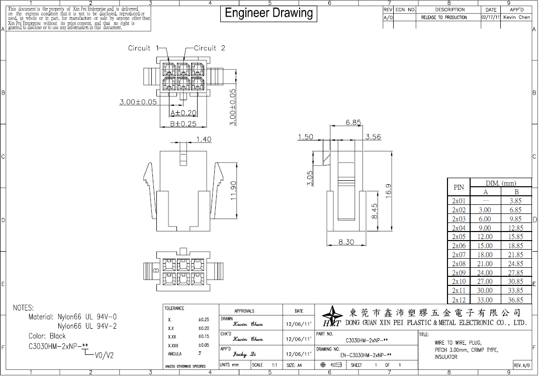 Female housing Wire to wire Connector Pitch 3.0mm for power dual Row