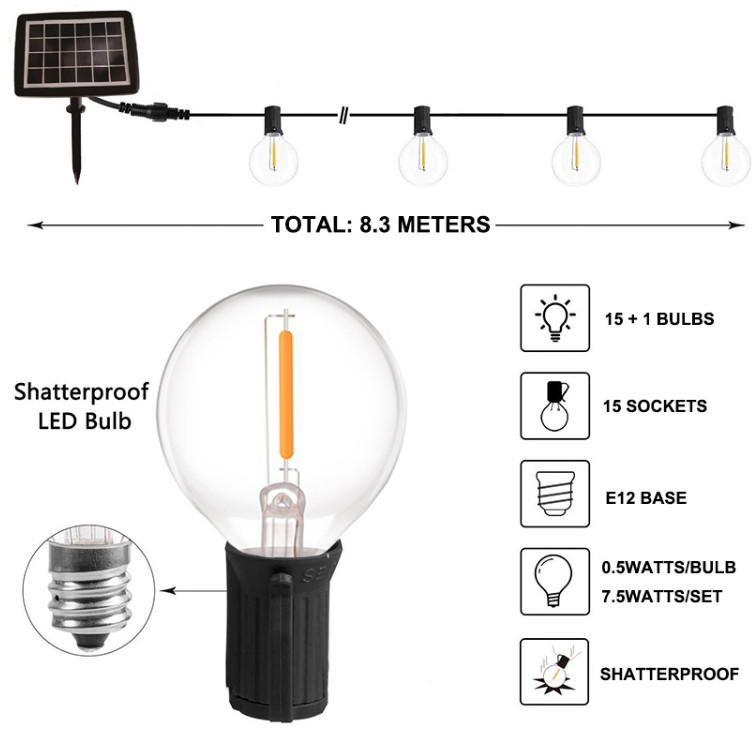 15 Solar Powered Bulb String Lights G40 8.3M 2200K