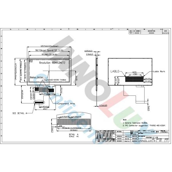 RGB Stripe LCD Touch Panel 4.3′′ 480X272 At043tn24V. 7 0.226W