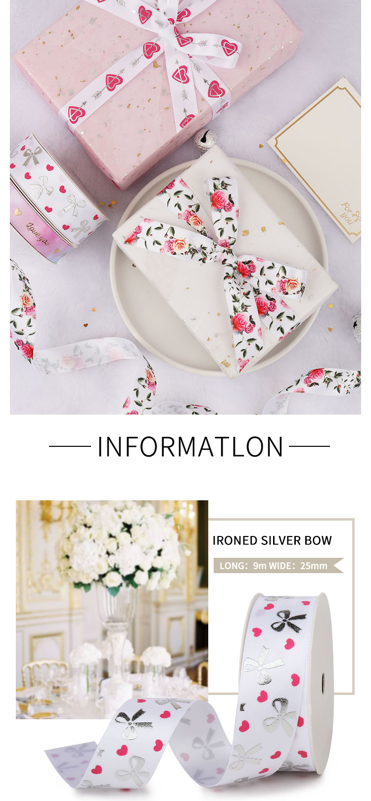 Ribbon for Bouquets Silver stamping logo Band For Wedding Party Romantic Satin Printed Ribbon