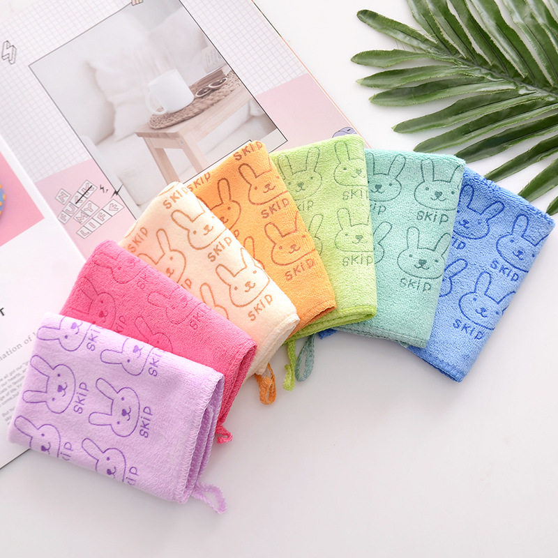 Square Kids Bath Towel Set 3 Pcs Towels with Cartoon Rabbit Print and Polyester Fiber
