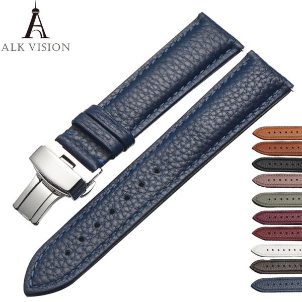 ALK Watchband Brand Genuine Leather Belt Deployant Buckle Band Butterfly Clasp