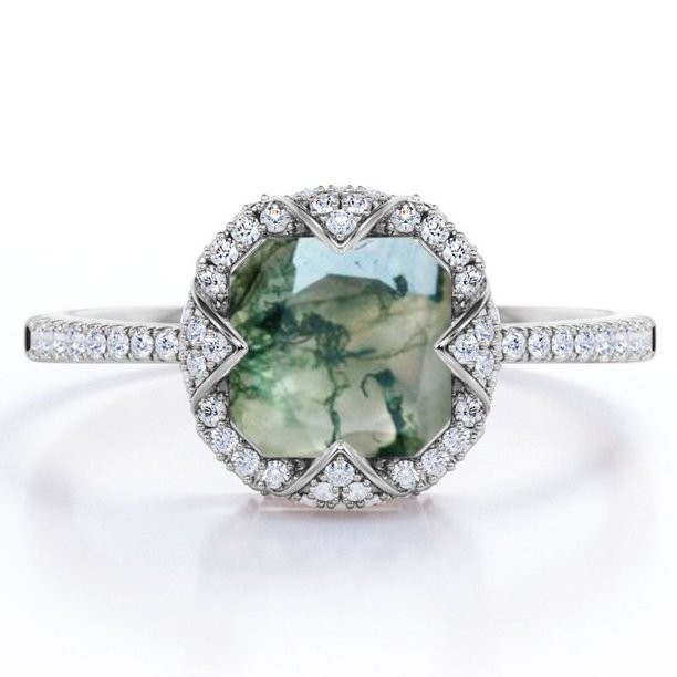 Asscher Cut Opaque Milky Moss Green Agate and Moissanite - Pave Engagement Ring