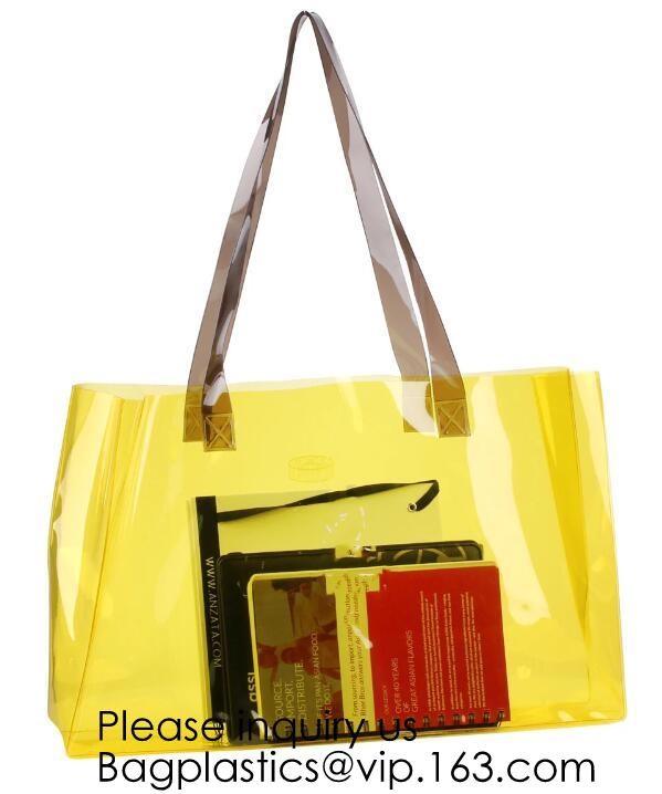 Waterproof All Over Printing PVC Coating Tote Shoulder Fabric Shopping Bag With Gusset And Lining,Jelly Clear Plastic PV