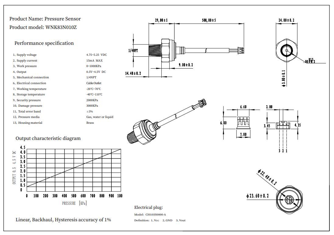 ODM Compact Brass Electronic Air Pressure Sensor With 1 Year Warranty