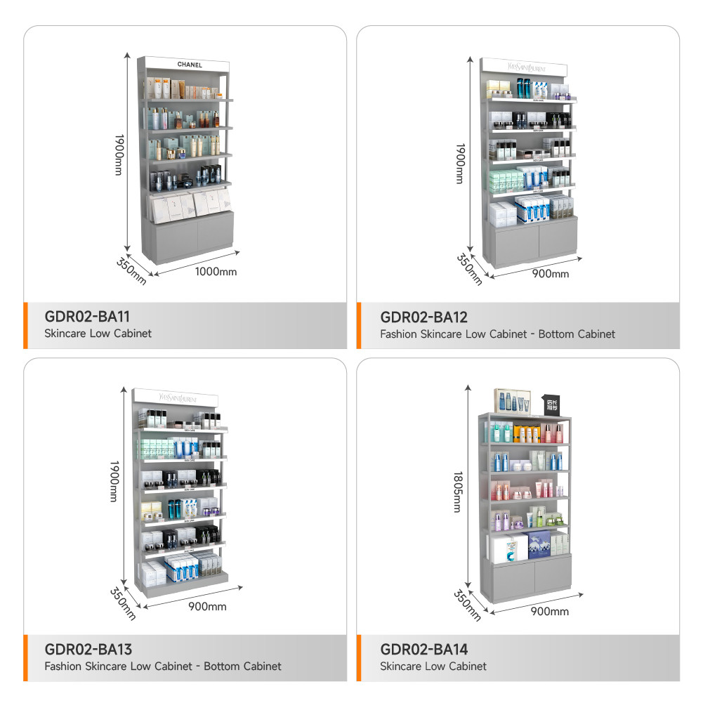 Skincare Display Rack Grey Oiled Wooden Skincare Cabinet With Led Lights For Multi-Functional Shop Counter And Branded Display Stand