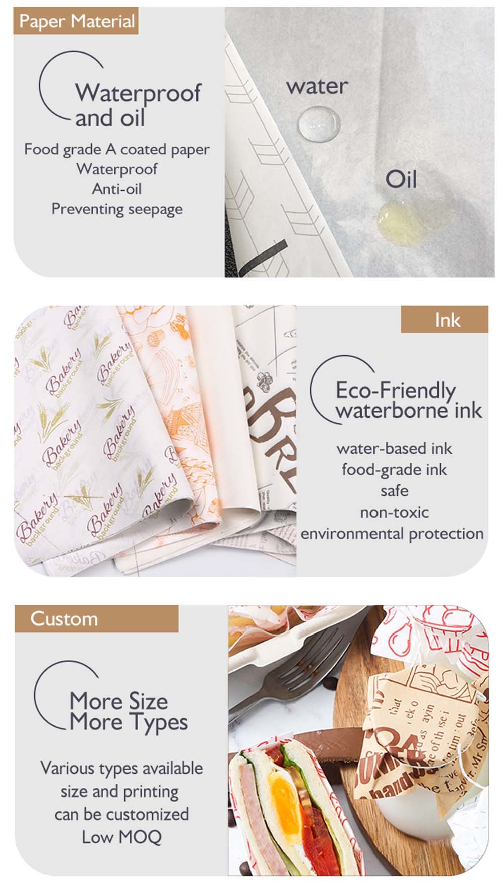 Food Grade Baking Eco Friendly Greaseproof Paper Ink Printing Logo