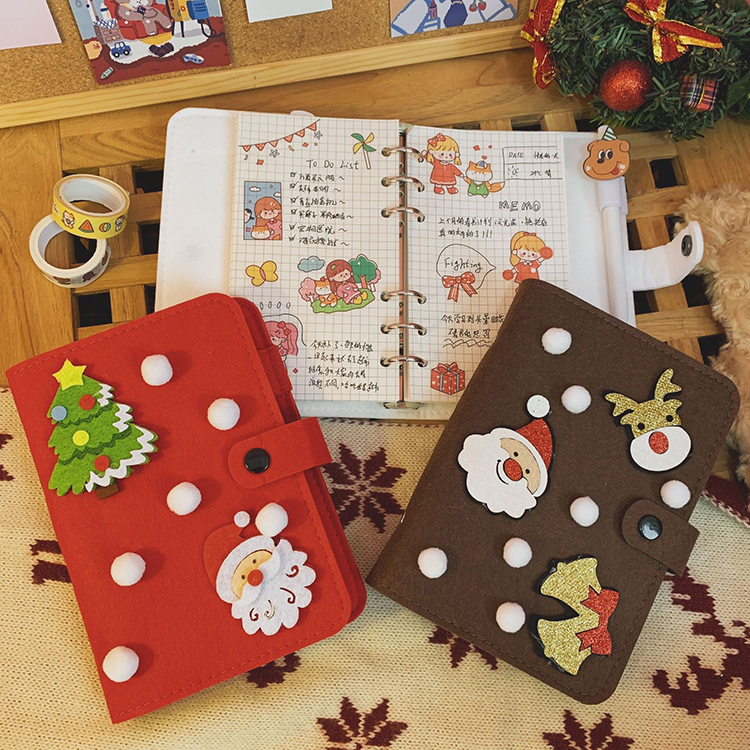 2022 Felt A6 Cartoon Christmas Tree Deer Notebook Grid Pages Journal Korean Diary Book