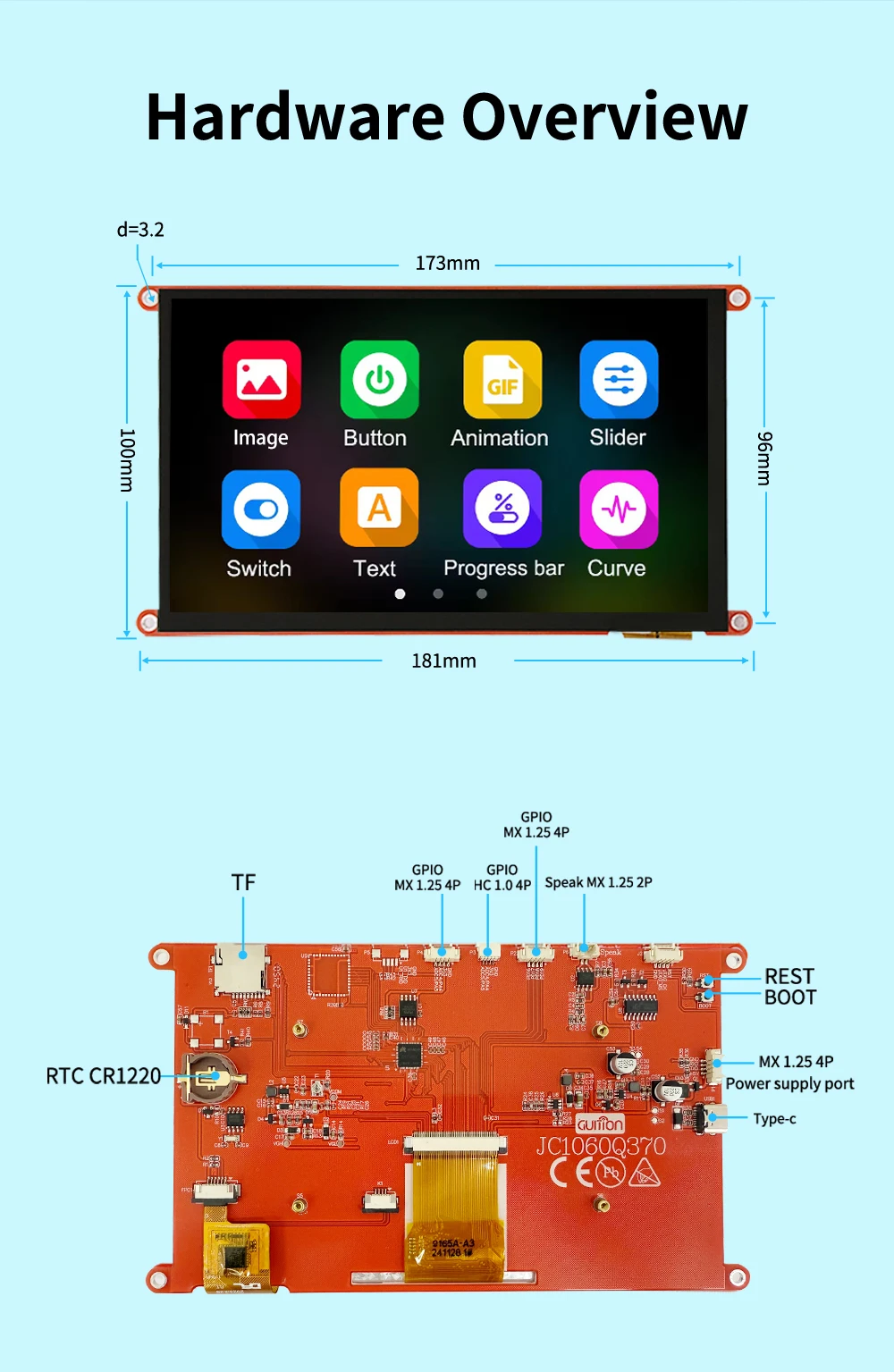 Resolution JC1060Q370C I ESP32 Display Module with ST7262 Display Driver and 1020*600 Pixel Resolution