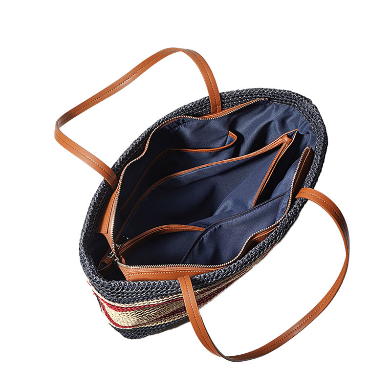 Lightweight Striped Woven Tote Bag Large Capacity Single Shoulder