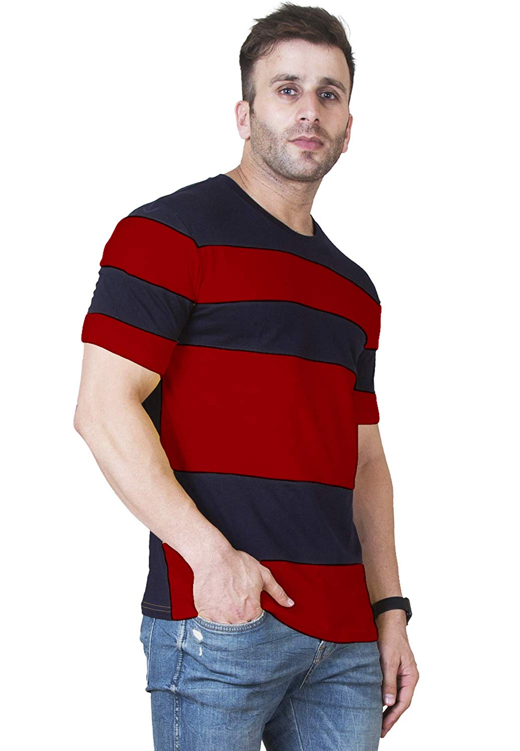 Street Style Striped T Shirt Mens , Red / Blue Color Block Tee Shirts Private Labeling