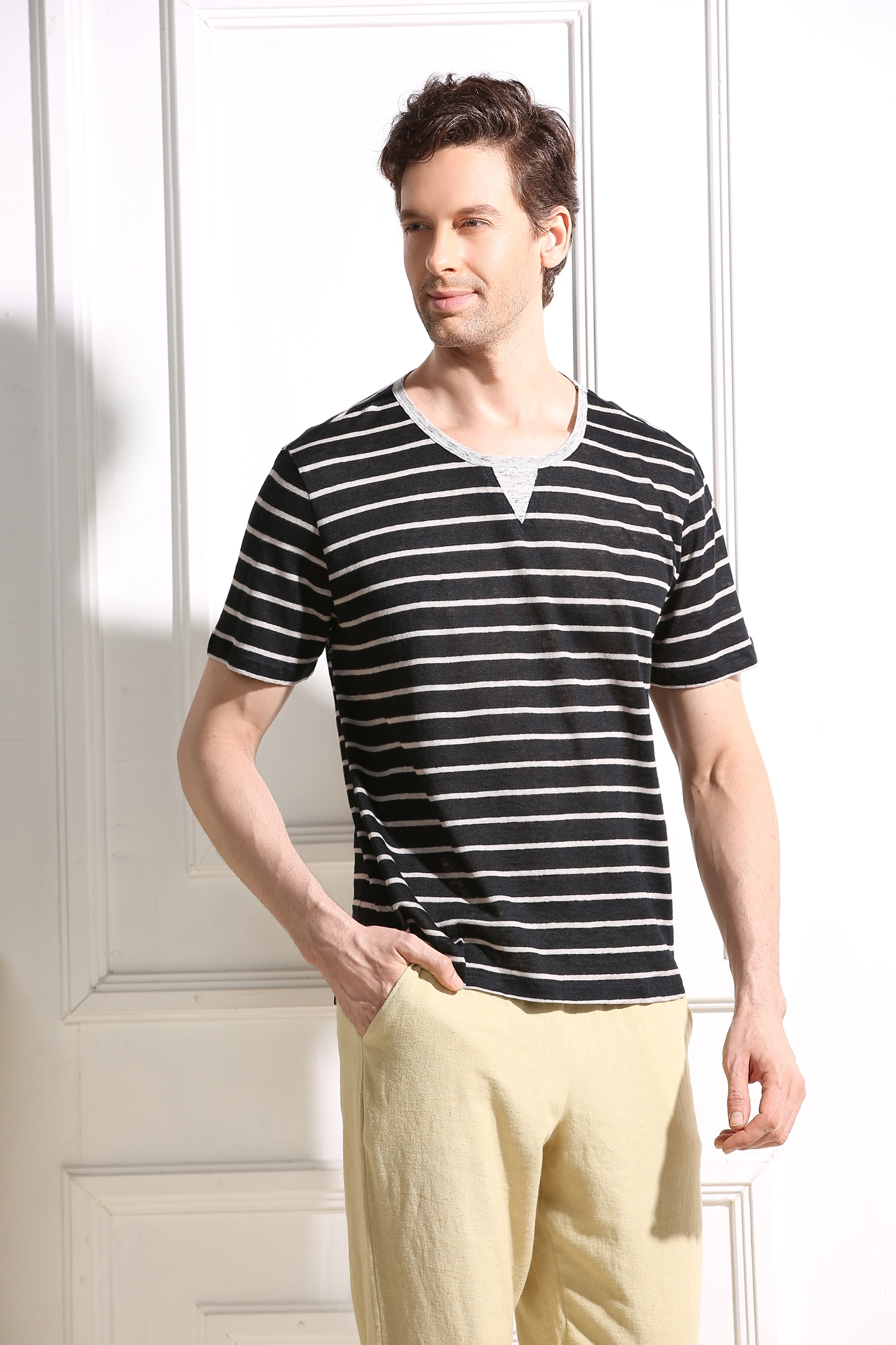 45% Cotton 55% Hemp Material Red And White Striped T Shirt Mens Casual Style