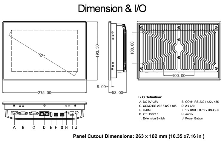 10 Inch Fanless Industrial Embedded Touch Panel PC J1900 RS232 RS422 RS485