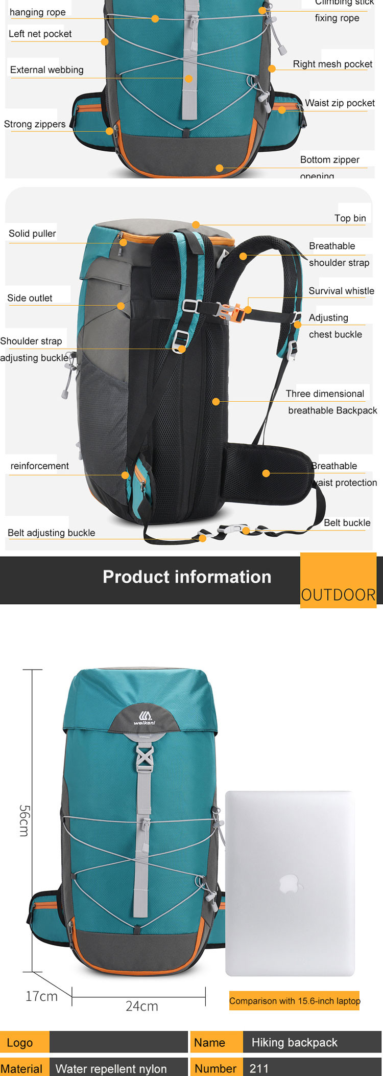 1.8 Inch Military Tactical Hiking Backpack 50 Liter Waterproof Outdoor Travel Backpack