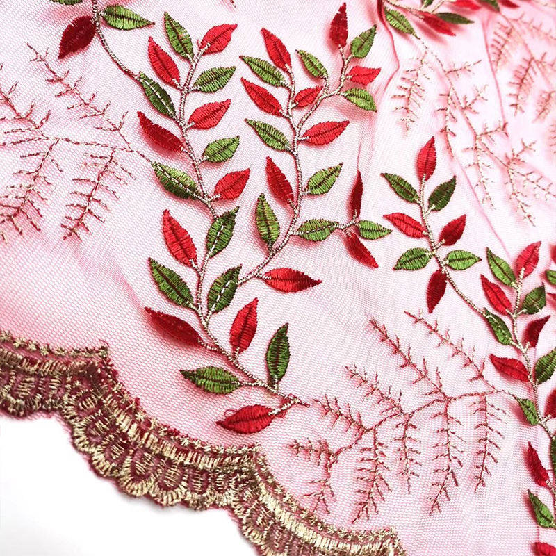 Mesh Polyester Floral Red Embroidered Tulle Lace Fabric 130cm