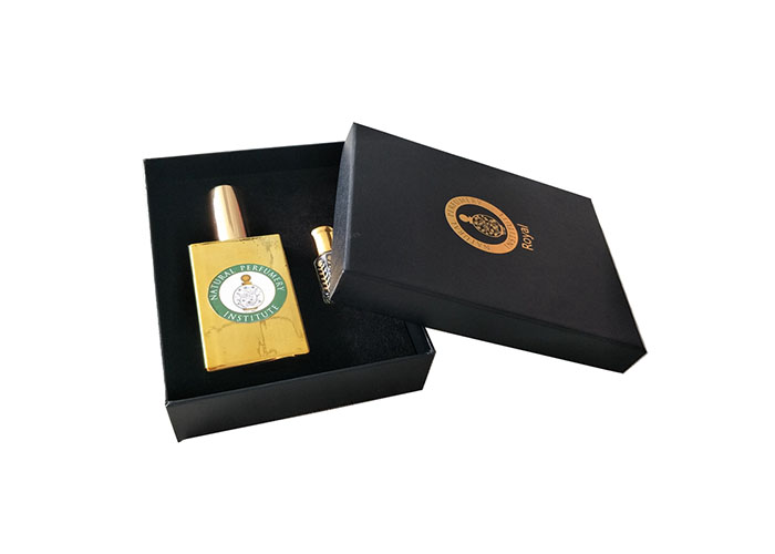 Black Paperboard Custom Rigid Boxes Hot Stamping Logo Perfume Wrapping Container