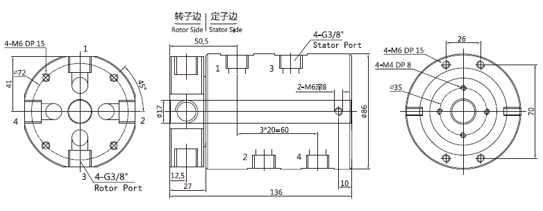 3004012 series 3004012 Series G3/8 4 Passage Pneumatic & Electric Rotary Union slip ring Drawing 