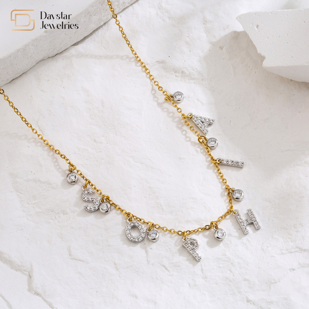 Diamond Zircon Letter Pendant Necklace Stainless Steel Jewelry DIY Gold Plated