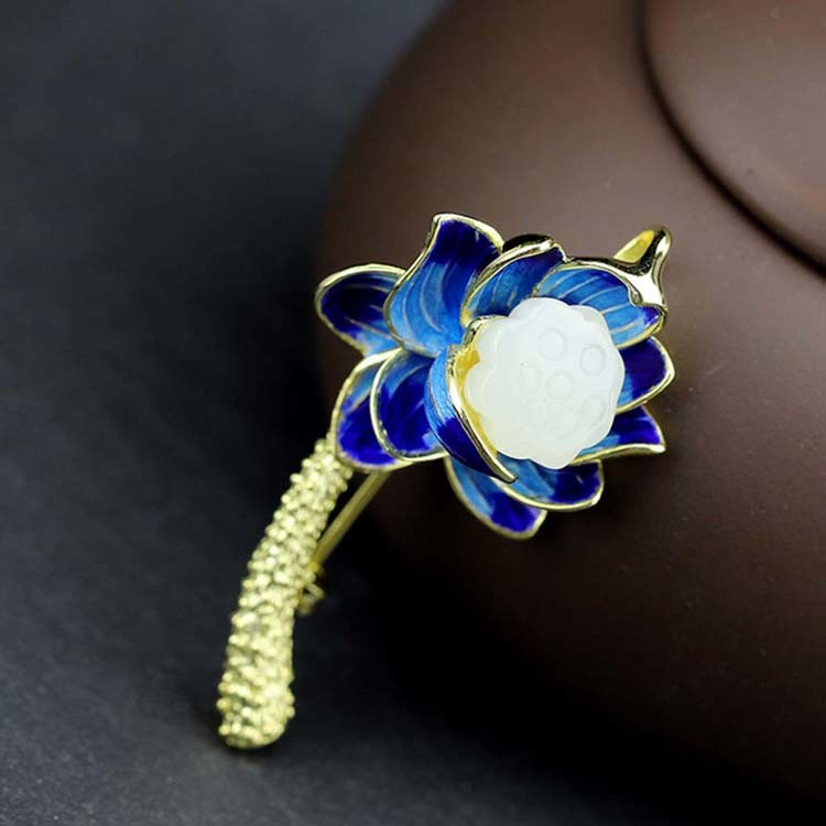 18K Gold Plated 925 Silver Enamel Lotus Flower Jade Pendant Necklace Brooch For Women(XZ81001)
