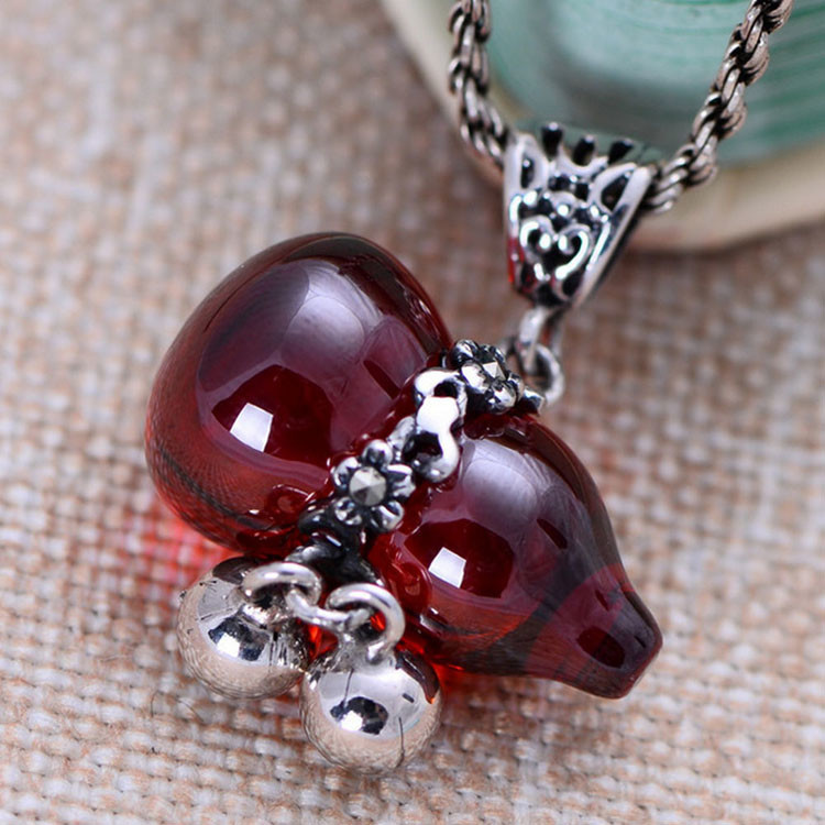 Thai Sterling Silver Pendant Necklace with Gourds Shape Red Cubic Zircon Charm(XH0384)