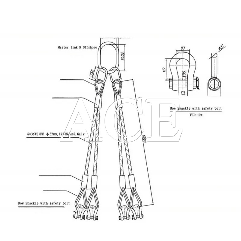 Lifting Eye Type Flat Eye DNV 2.7-1 Standard Stainless Steel Cable Wire Rope Sling 4 or 5 Legs for Offshore Container Orange