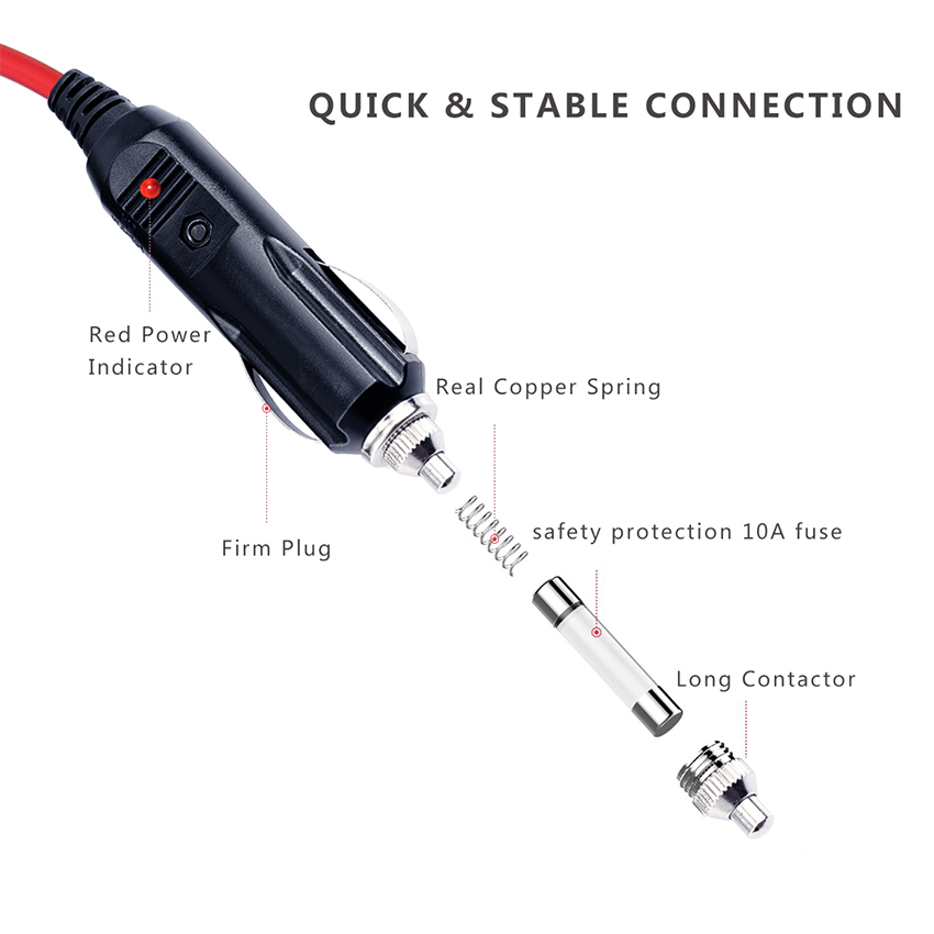 Car Cigarette Lighter Male To Male 10A Fuse Solar Power Cable 12-24volt