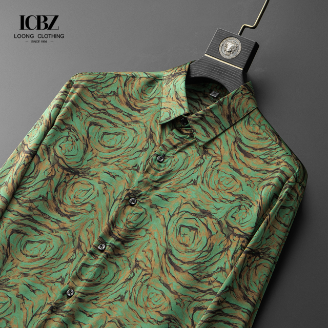 Autumn Casual Shirts For Men All Over Digital Print Floral Chain Viscose Long Sleeve