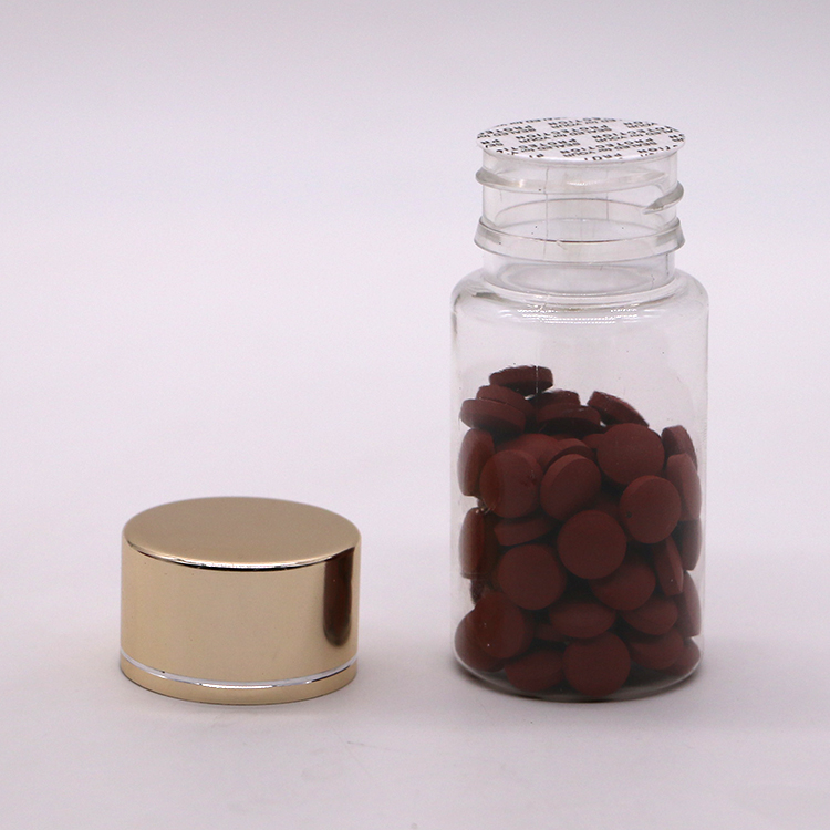 GMP 50ML PET Plastic Medicine Tablet Pill Bottle Container with Gold Silver Coating Cap
