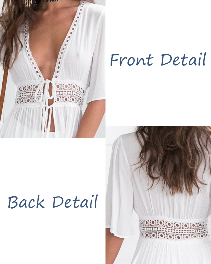 Wholesale Solid Color White Deep V Neck Half Sleeve Beach Cover Up Sexy Maxi Dress Beach Tunic With Slit
