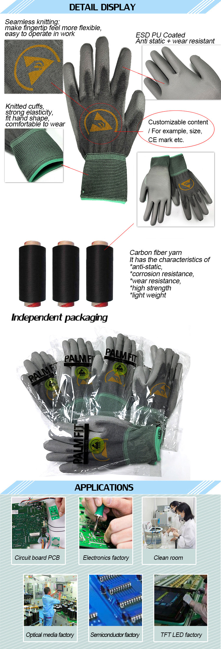 Seamless Knitted ESD PU Palm Fit Gloves With Polyester Liner