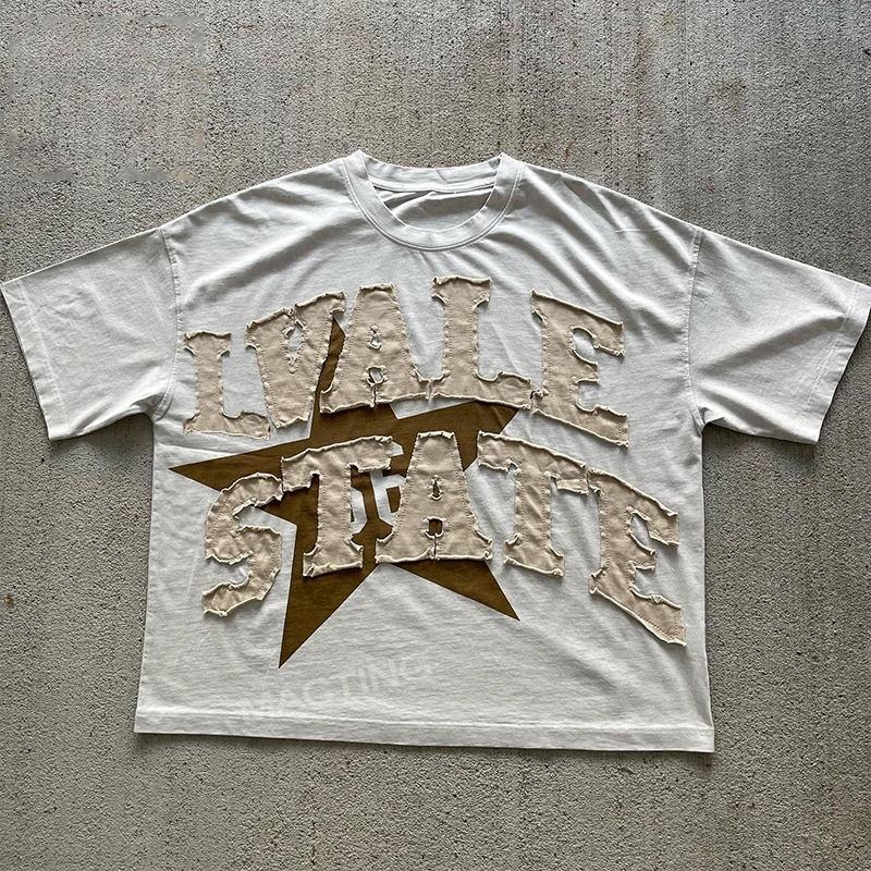 Custom Summer Heavyweight Vintage Distressed Patch Embroidery Acid Wash Cotton T-shirt Men