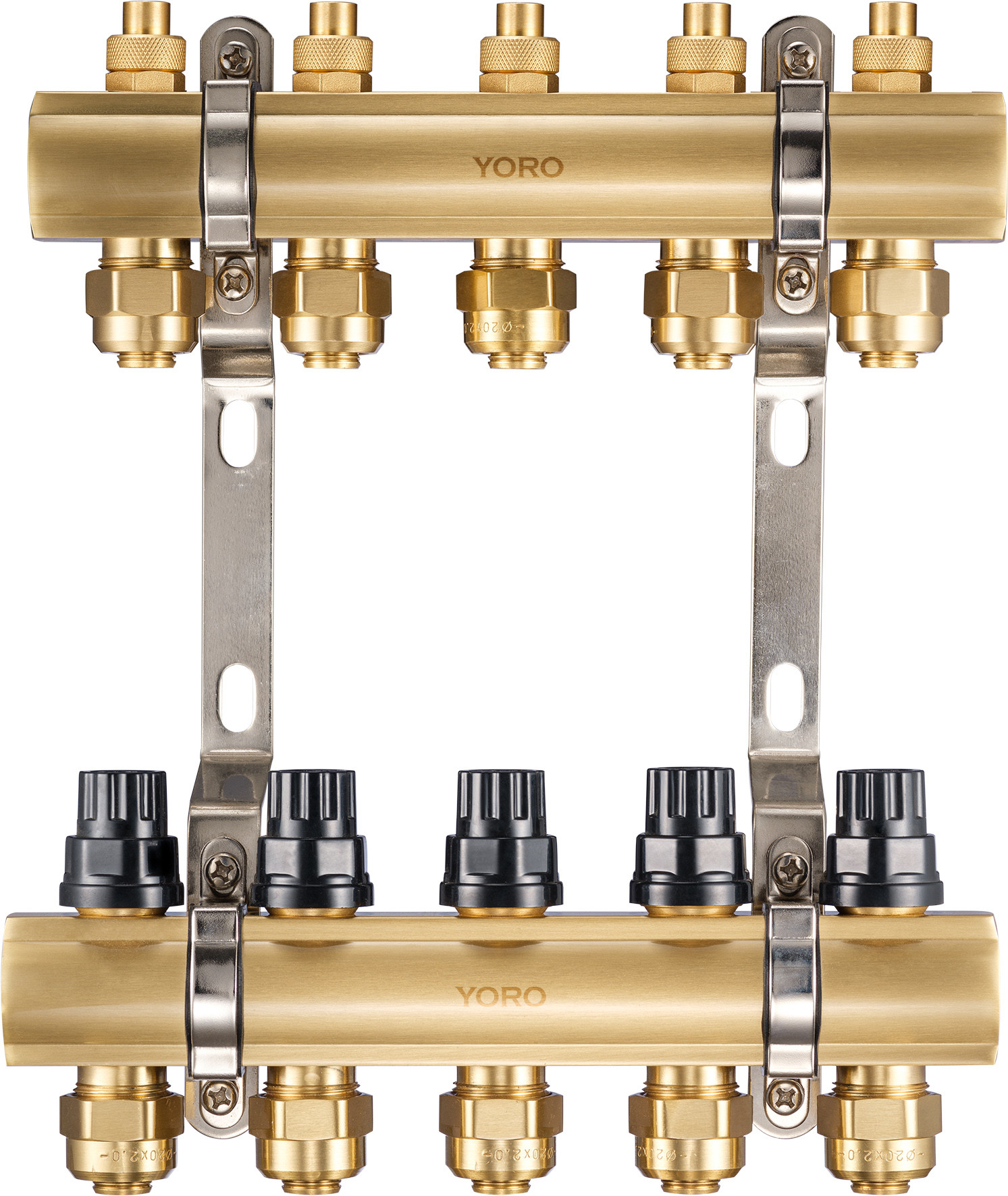 6101 Polished Brass Water Distribution Manifolds w/ anti-sediment sealing bases and Supply Flowrate Regulating Top Sets