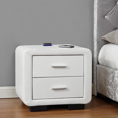 White Faux Leather Bedside Table with Two Drawers & Bluetooth Speaker