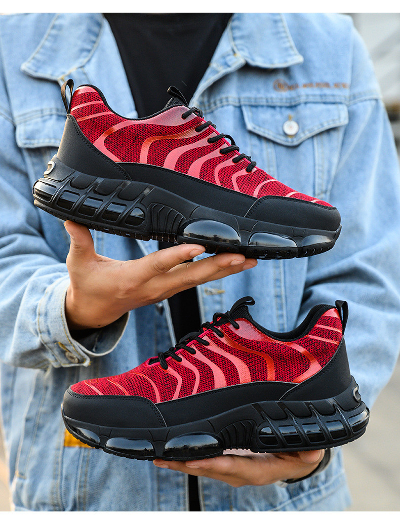 Flyknit Kevlar Air-cushioned Sole Safety Shoes For Industrial Workers In Orange Red Black